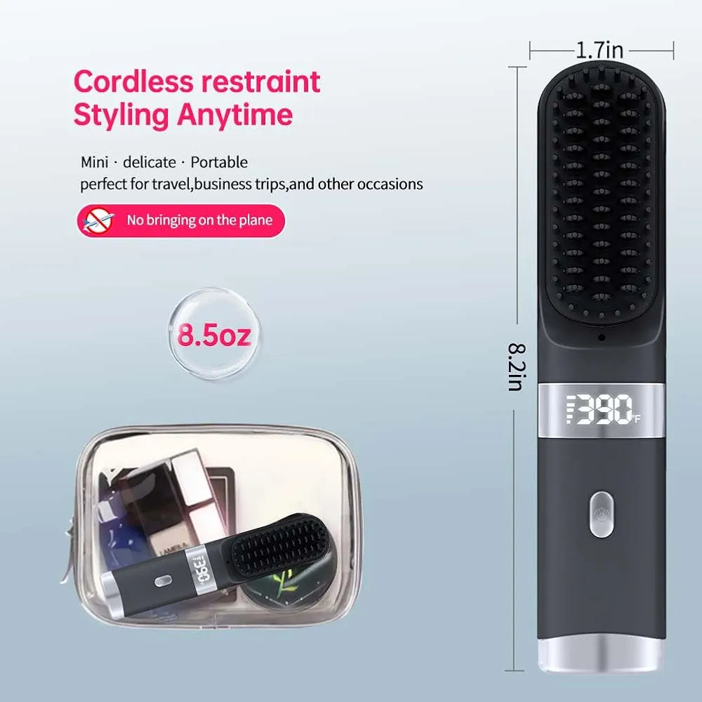 Cordless Hair Straightener Brush Portable on The go Comb for Travel USB chargingTwo Power sources30s Fast HeatingLCD Large Screen Display (Black)