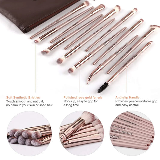 Z'OREYA Eye Makeup Brushes, 12 Pcs Professional Eye Brush Set Eyeshadow, Eyebrow, Blending, Fan, Eyelash Brush Set With Carrying Bag(Champagne Gold)
