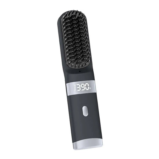 Cordless Hair Straightener Brush Portable on The go Comb for Travel USB chargingTwo Power sources30s Fast HeatingLCD Large Screen Display (Black)