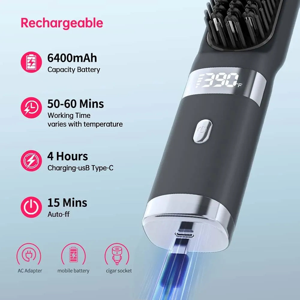 Cordless Hair Straightener Brush Portable on The go Comb for Travel USB chargingTwo Power sources30s Fast HeatingLCD Large Screen Display (Black)
