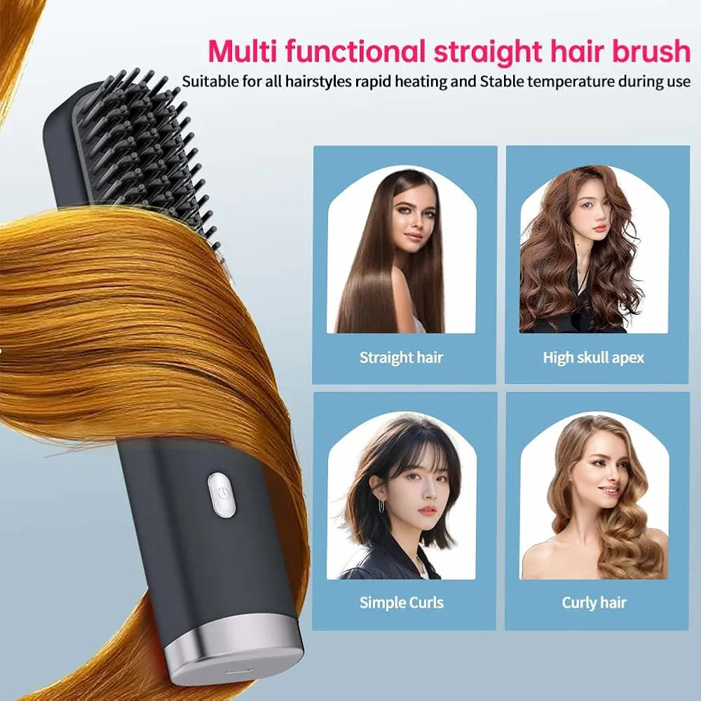 Cordless Hair Straightener Brush Portable on The go Comb for Travel USB chargingTwo Power sources30s Fast HeatingLCD Large Screen Display (Black)