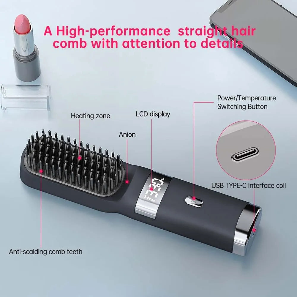 Cordless Hair Straightener Brush Portable on The go Comb for Travel USB chargingTwo Power sources30s Fast HeatingLCD Large Screen Display (Black)