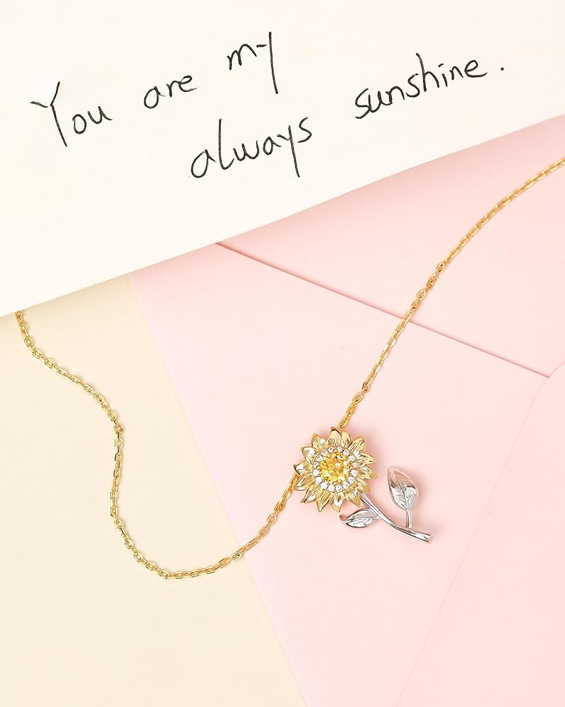 FANCIME Flower necklace Sterling Silver Spinning Pendant, You Are My Sunshine Fidget Rotatable Jewelry Birthday Christmas Gifts for Women Wife Her