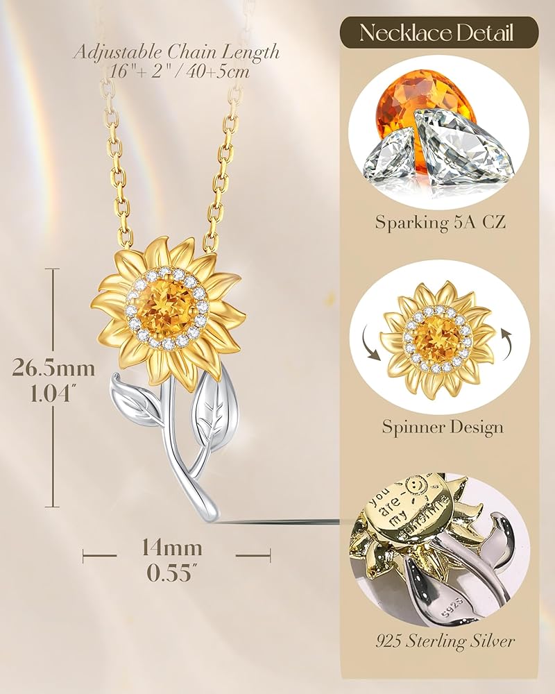 FANCIME Flower necklace Sterling Silver Spinning Pendant, You Are My Sunshine Fidget Rotatable Jewelry Birthday Christmas Gifts for Women Wife Her