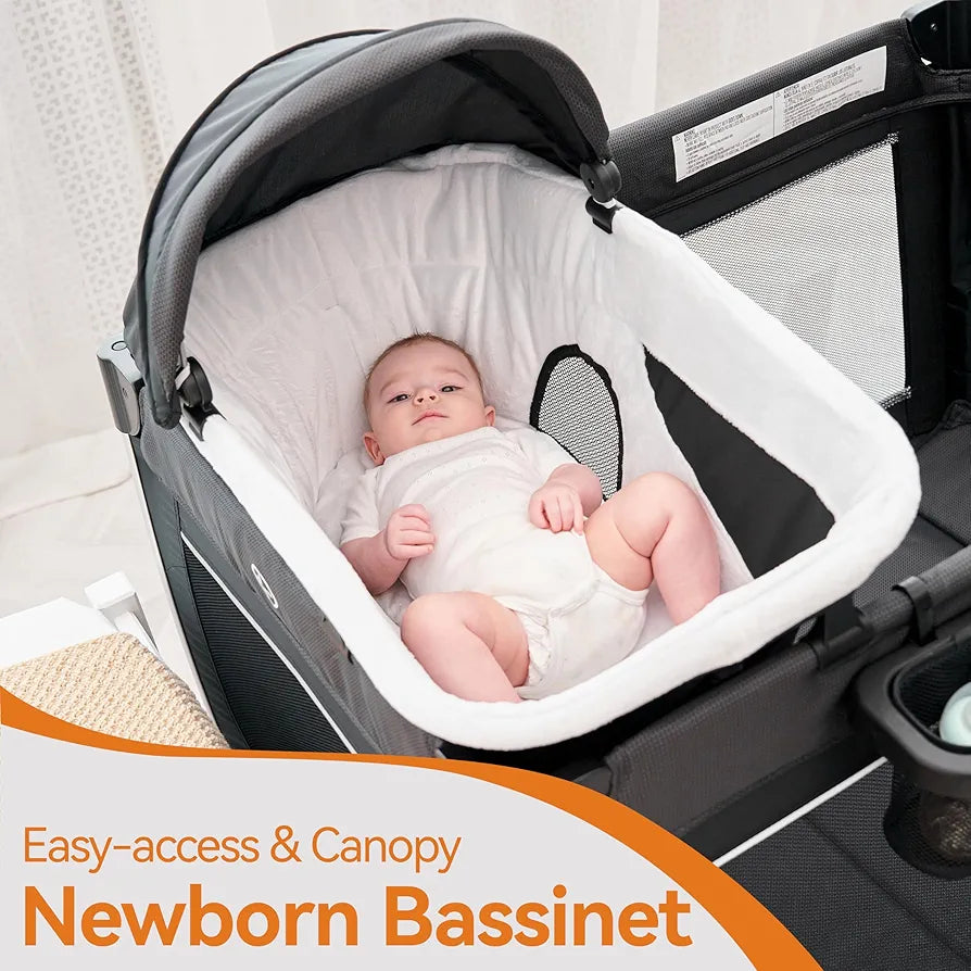 Pamo Babe 4 in 1 Portable Baby Crib Deluxe Nursery Center, Foldable Travel Playard with Bassinet, Mattress, Changing Table for Newborn, Infant, Toddler(Grey)